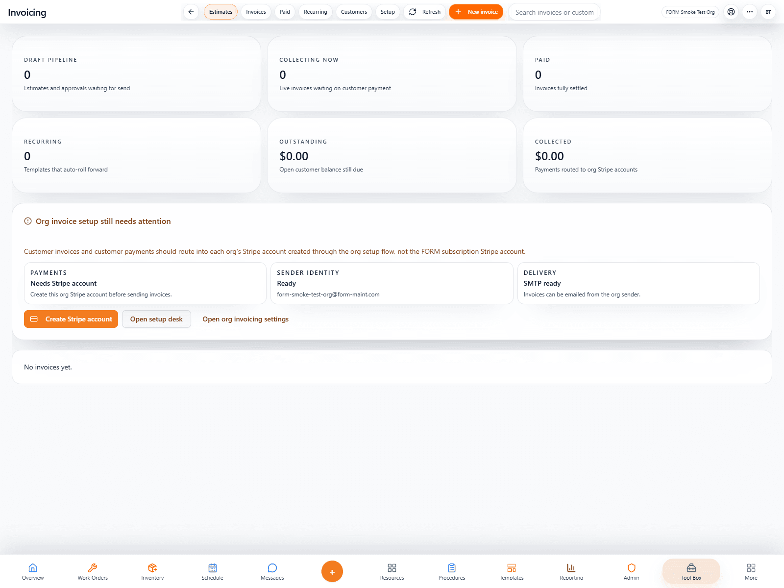 Real FORM invoicing workspace with Stripe setup and billing controls