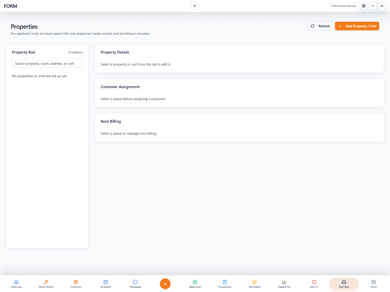 Real FORM properties workspace for unit, tenant, and billing context