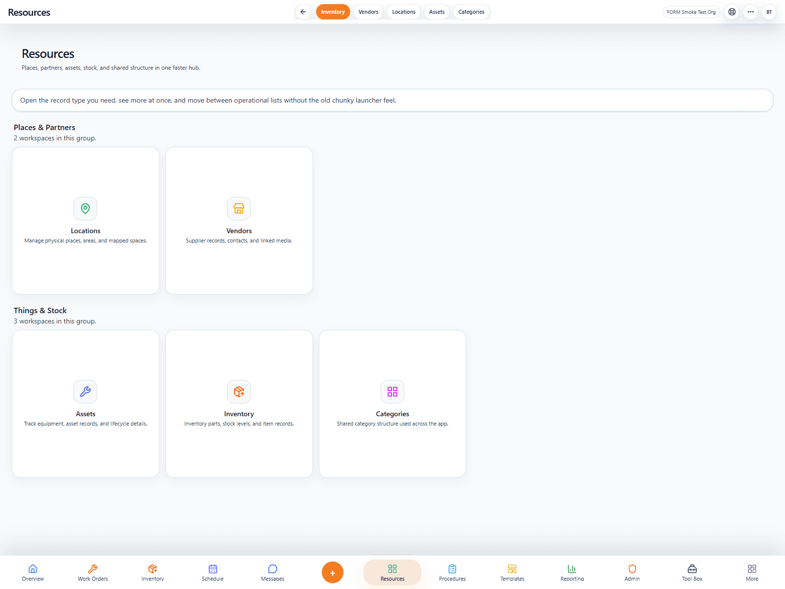FORM Resources page with asset and record lists