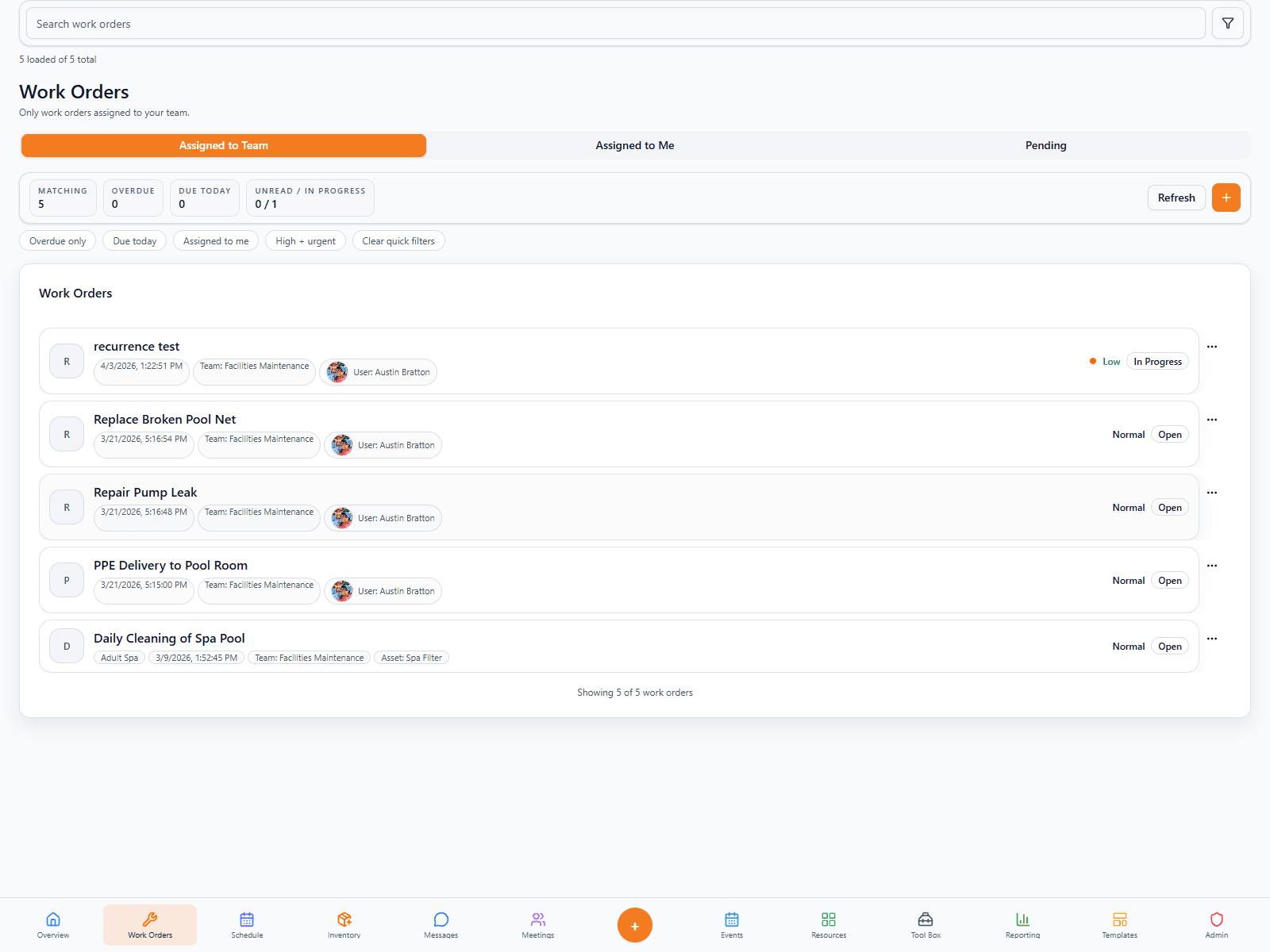 FORM Work Orders showing daily execution and follow-through.