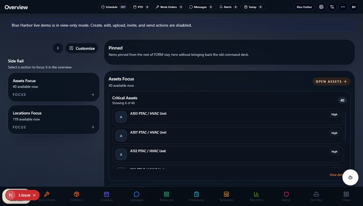 Blue Harbor demo overview showing FORM as an enterprise operating backbone