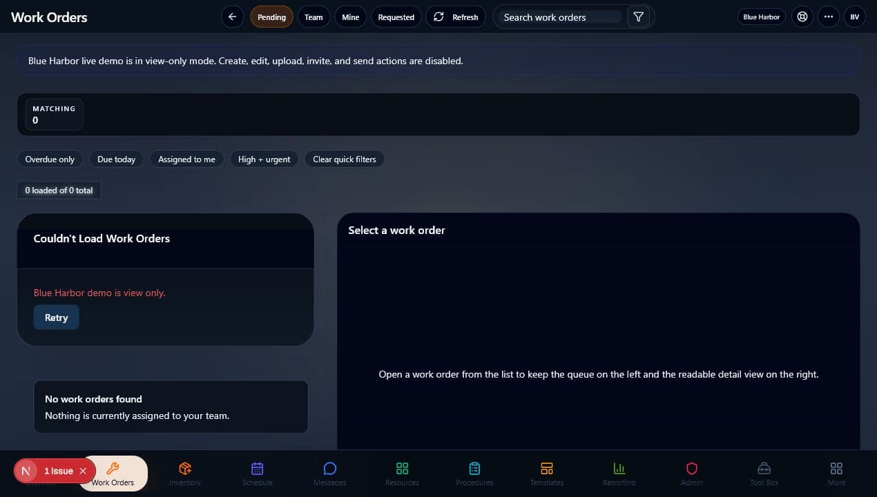 Blue Harbor demo work-orders view showing operational coordination in FORM