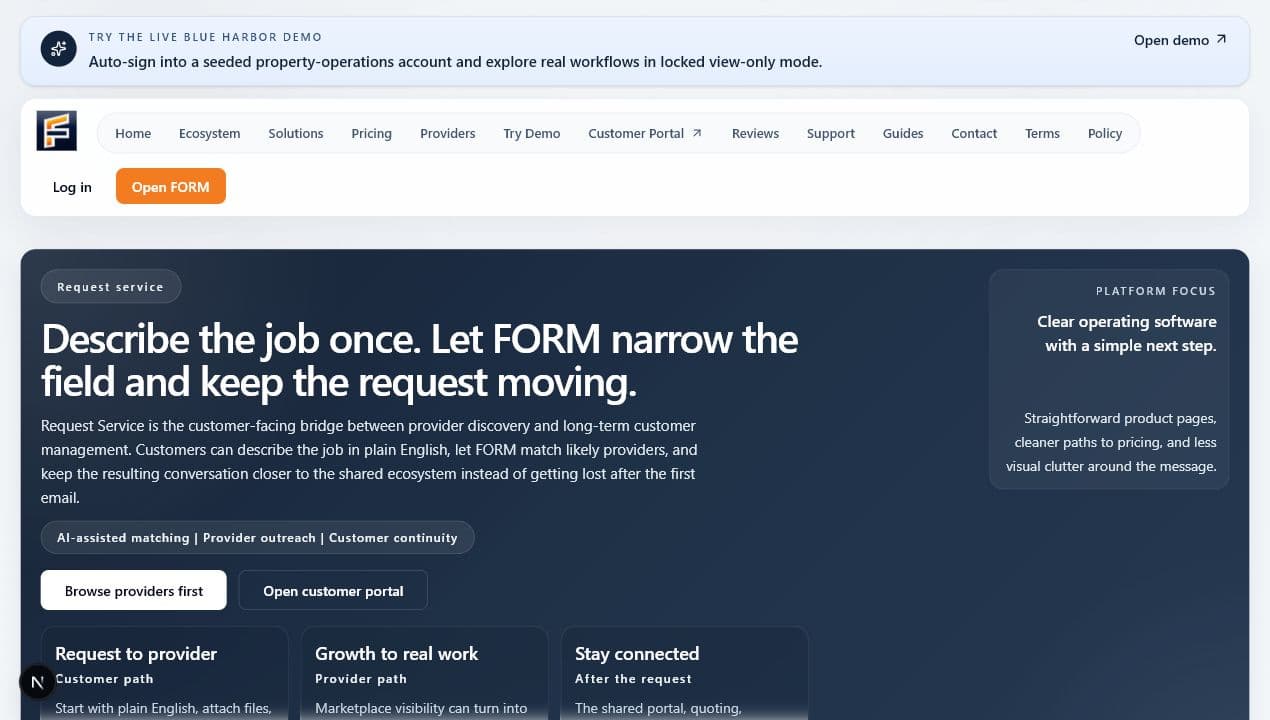 Live FORM request-service page connecting discovery to customer follow-through