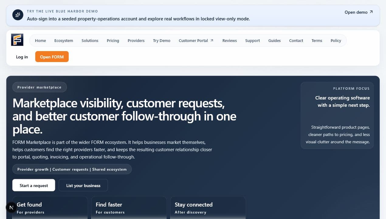 Live FORM Marketplace page showing provider growth positioning